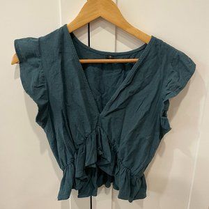 Teal Cropped Linen Top, Size Small